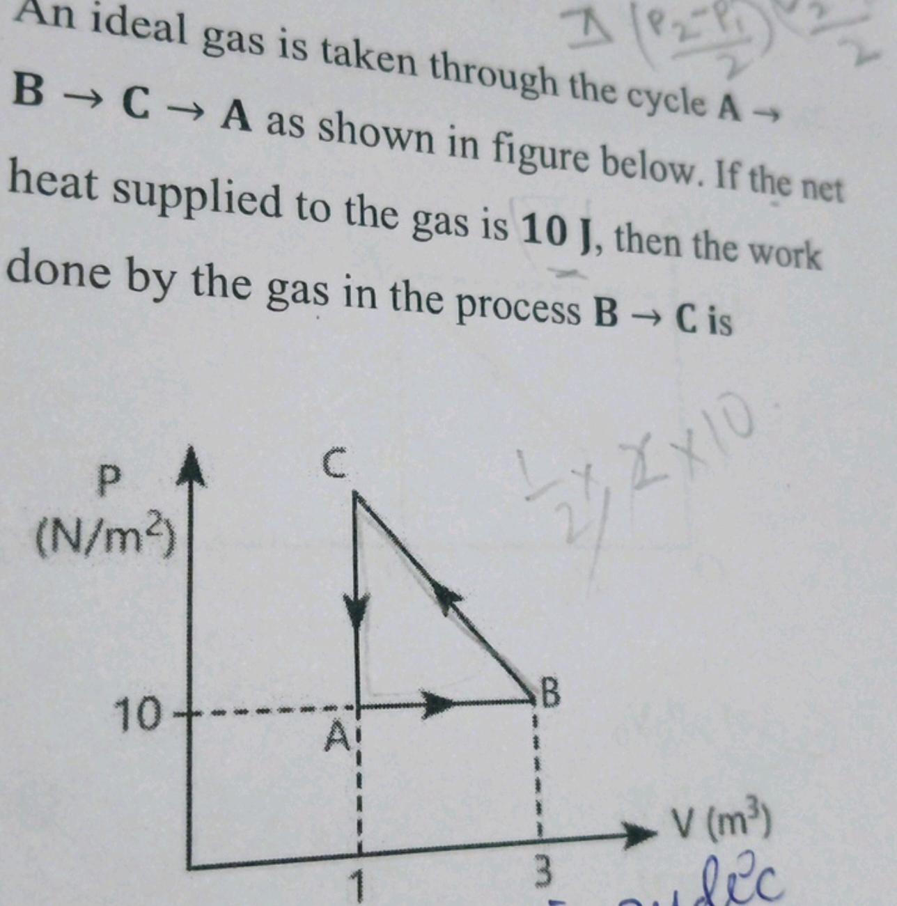 An ideal gas is taken through the cycle A→ B→C→A as shown in figure be