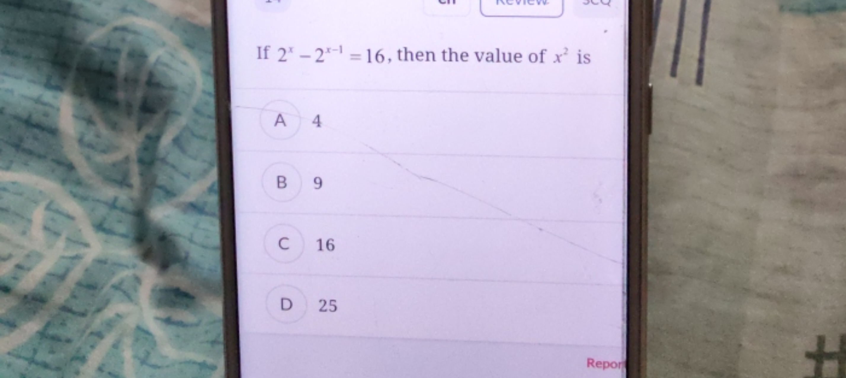 If 2x−2x−1=16, then the value of x2 is

A 4

B 9

C 16

D 25