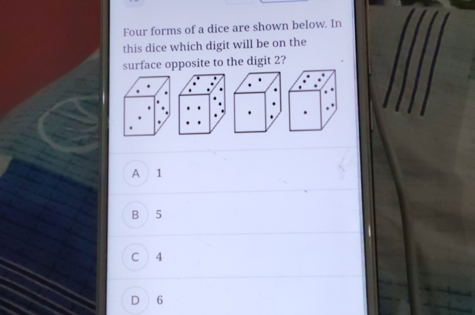 Four forms of a dice are shown below. In this dice which digit will be