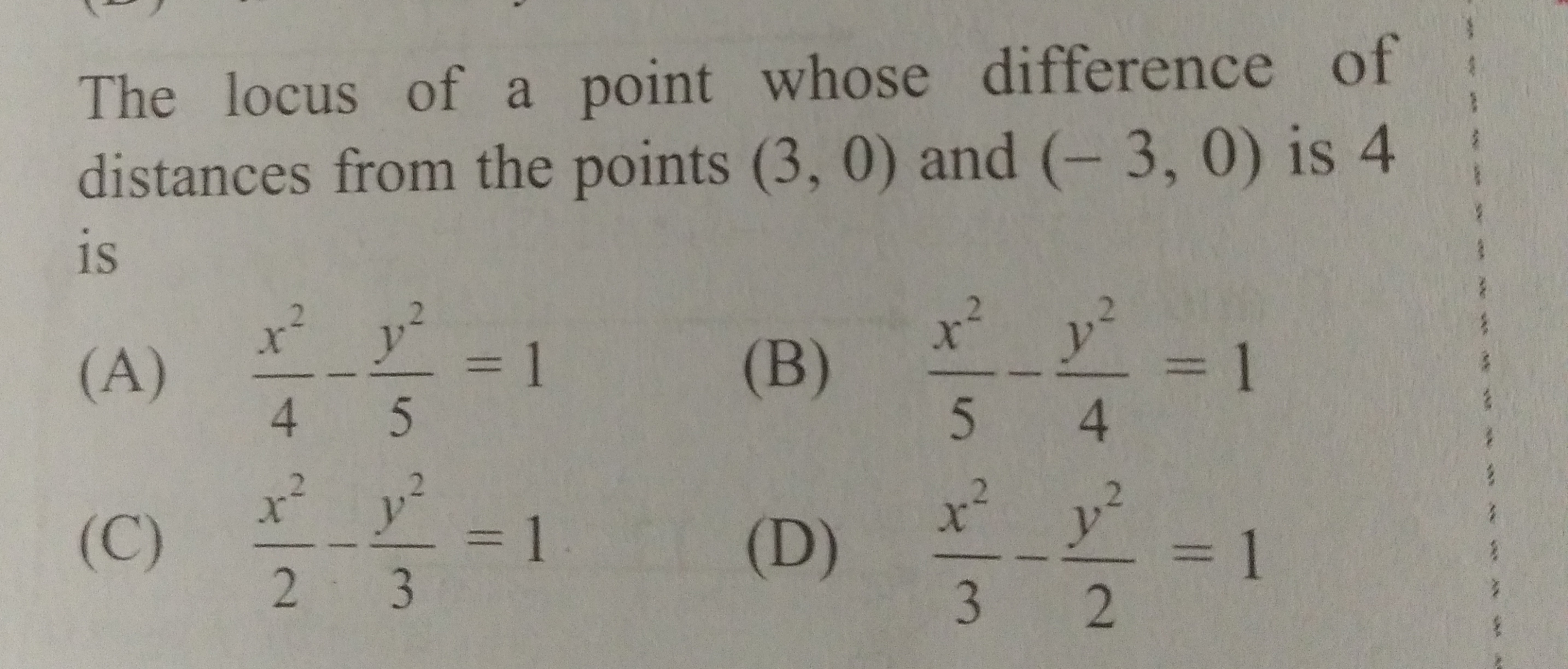 The locus of a point whose difference of distances from the points (3,