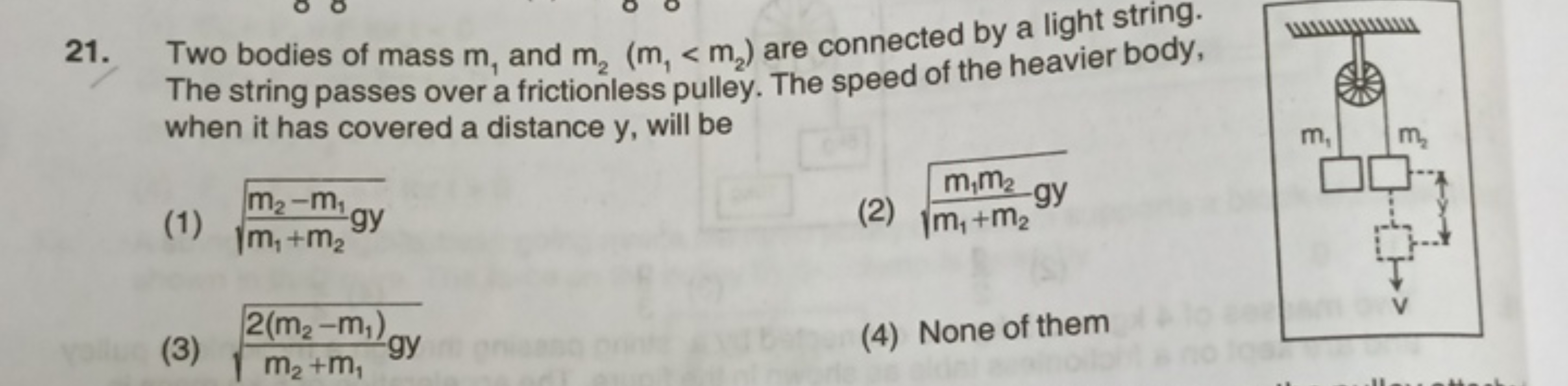 21. Two bodies of mass m1​ and m2​(m1​<m2​) are connected by a light s