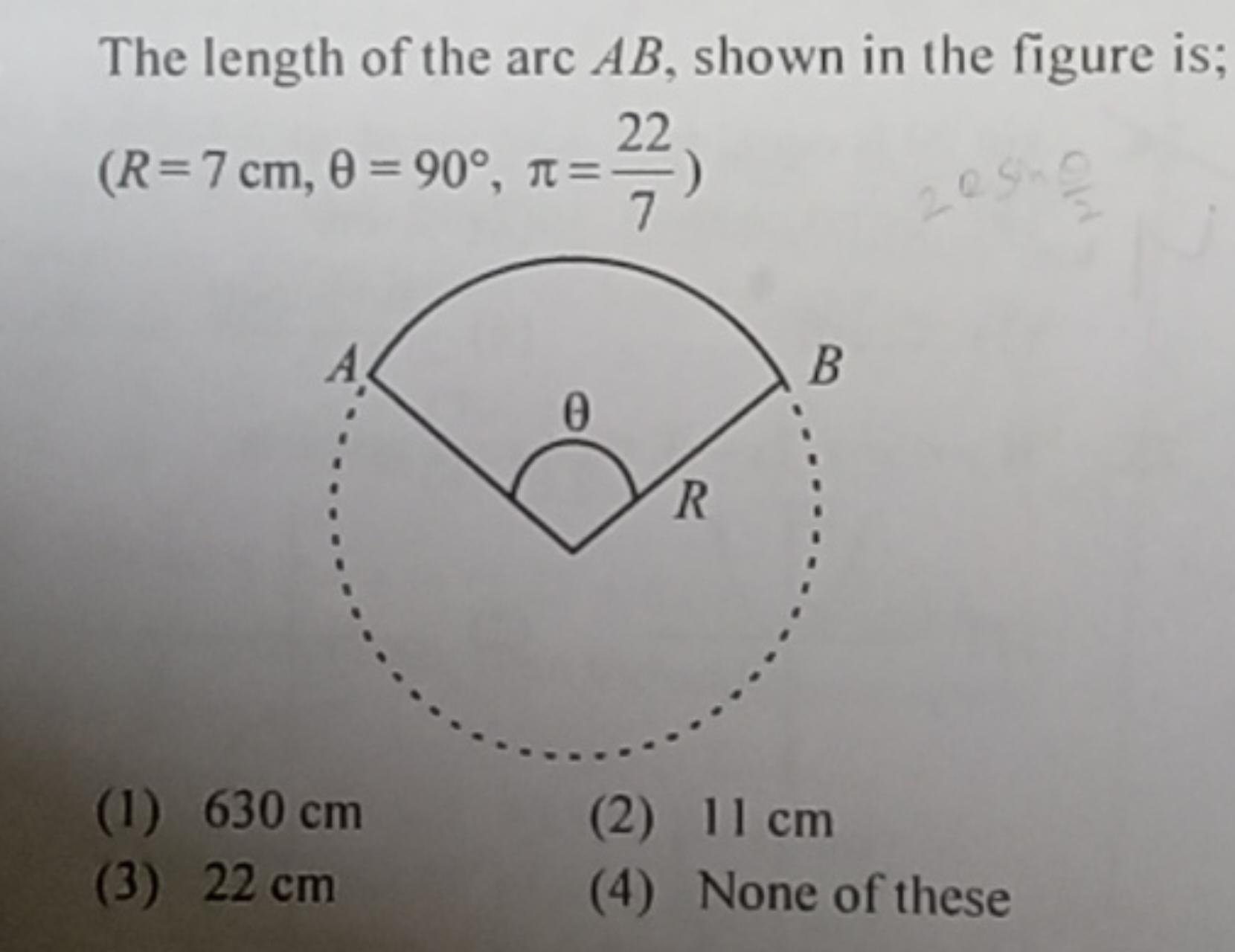 The length of the arcAB, shown in the figure is; (R=7 cm,θ=90∘,π=722​ 