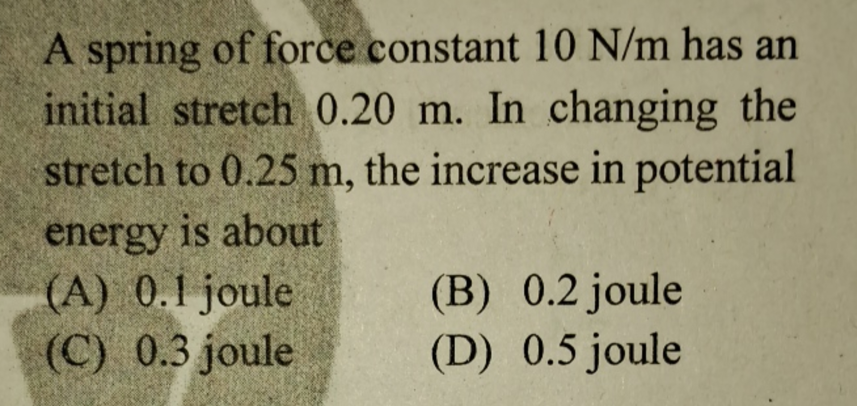 A spring of force constant 10 N/m has an initial stretch 0.20 m . In c