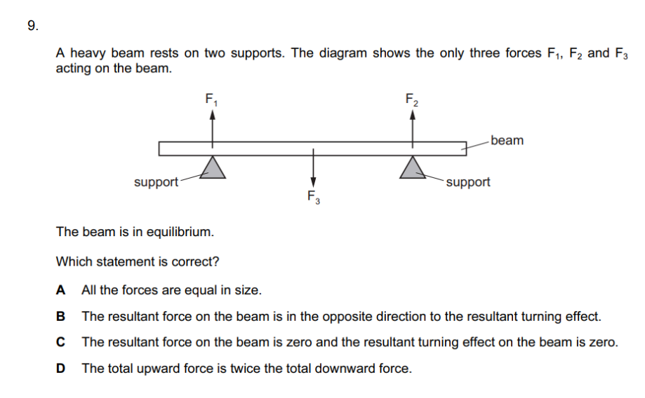 9.

A heavy beam rests on two supports. The diagram shows the only thr