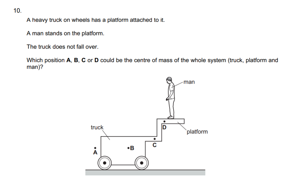 10.

A heavy truck on wheels has a platform attached to it.
A man stan