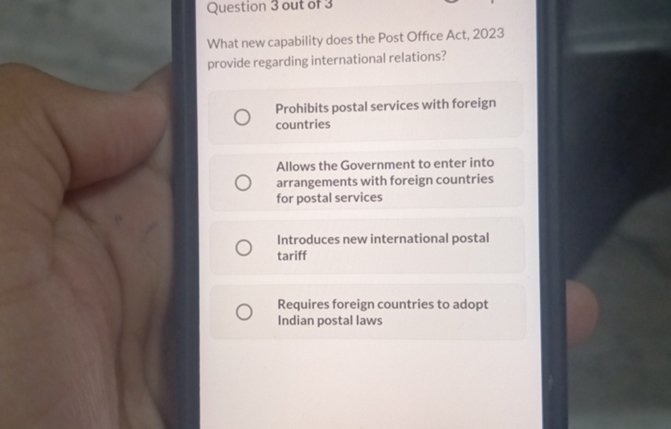 Question 3 out of 3
What new capability does the Post Office Act, 2023