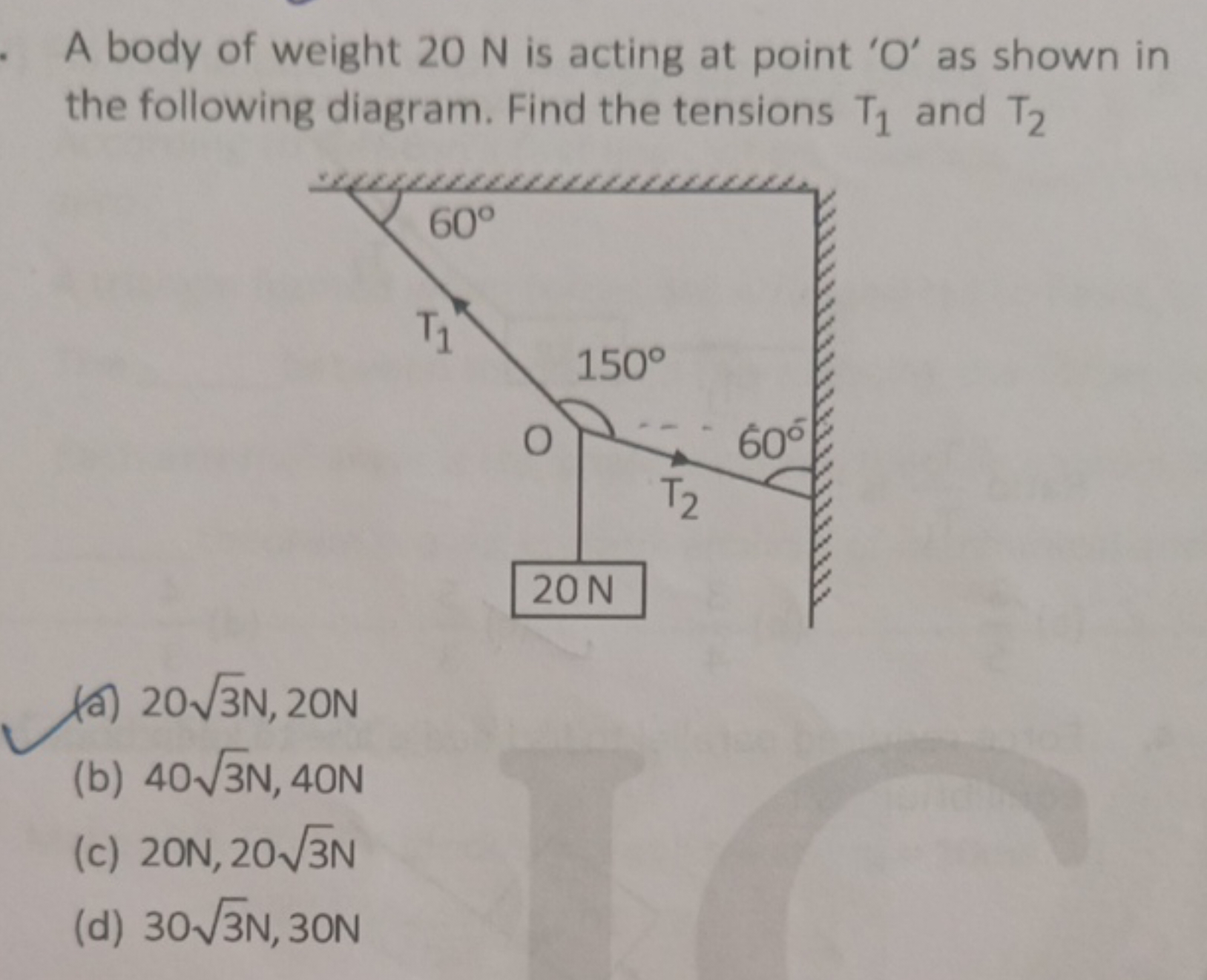 A body of weight 20 N is acting at point ' O ' as shown in the followi