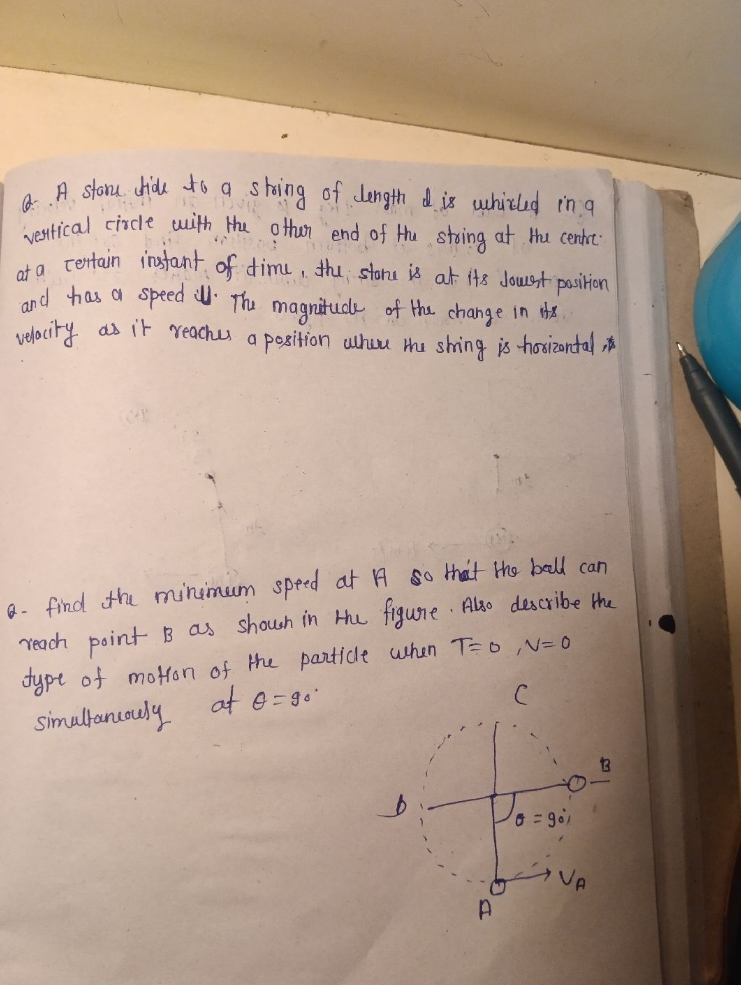 Q. A stone wide to a string of length d is whirled in a vertical circl