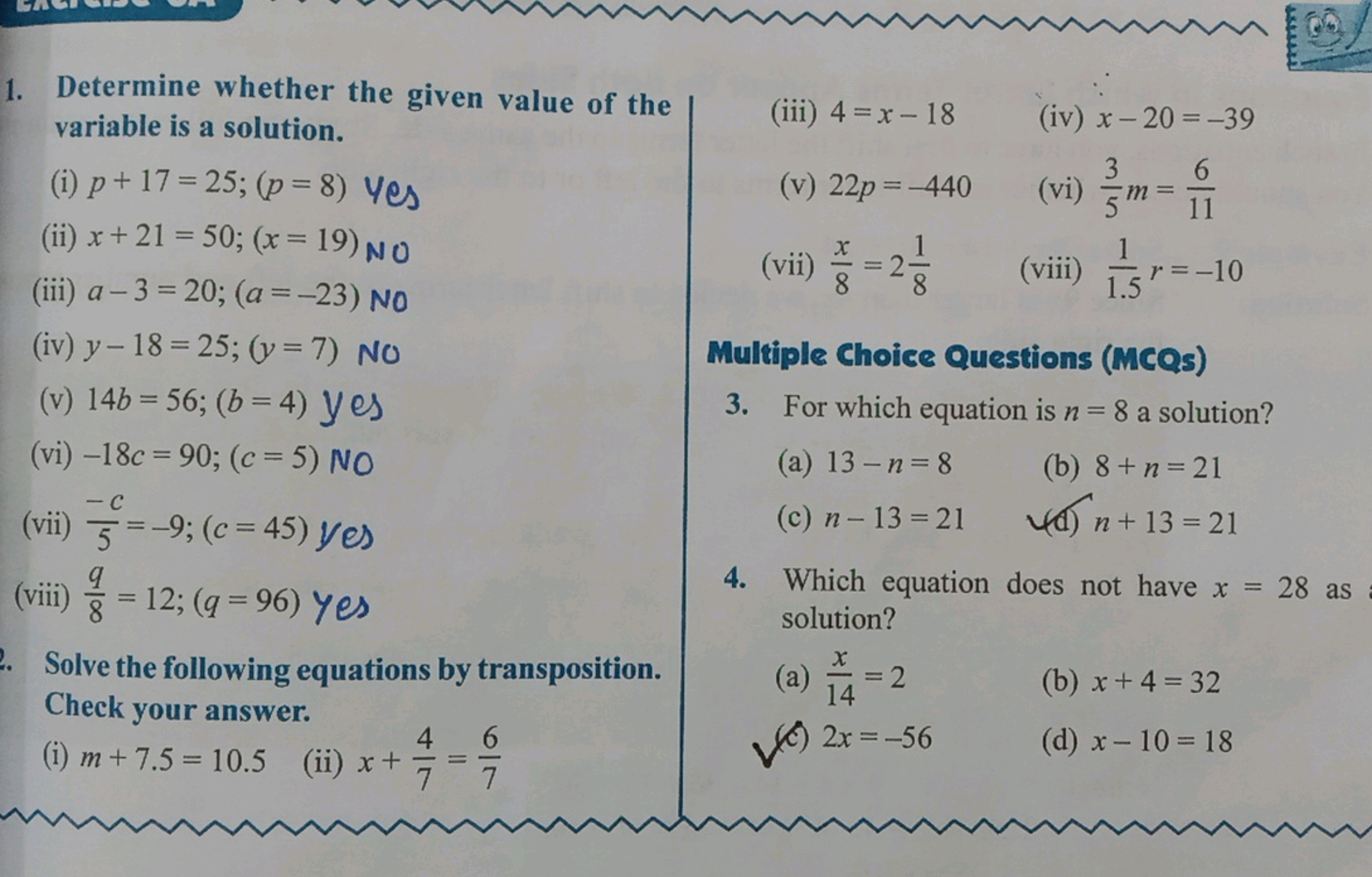 1. Determine whether the given value of the | (iii) 4=x-18
variable is