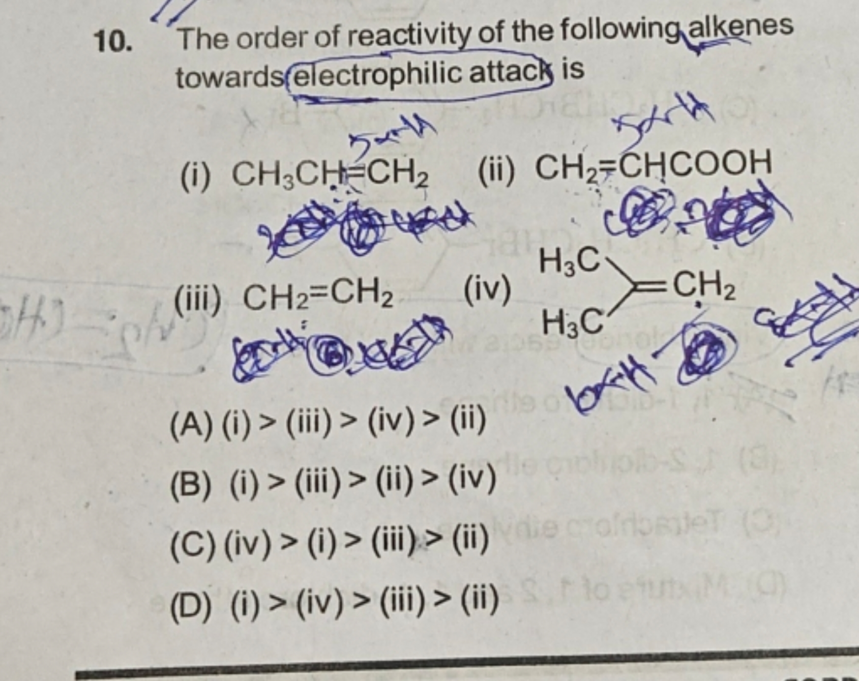 10. The order of reactivity of the following alkenes towards electroph