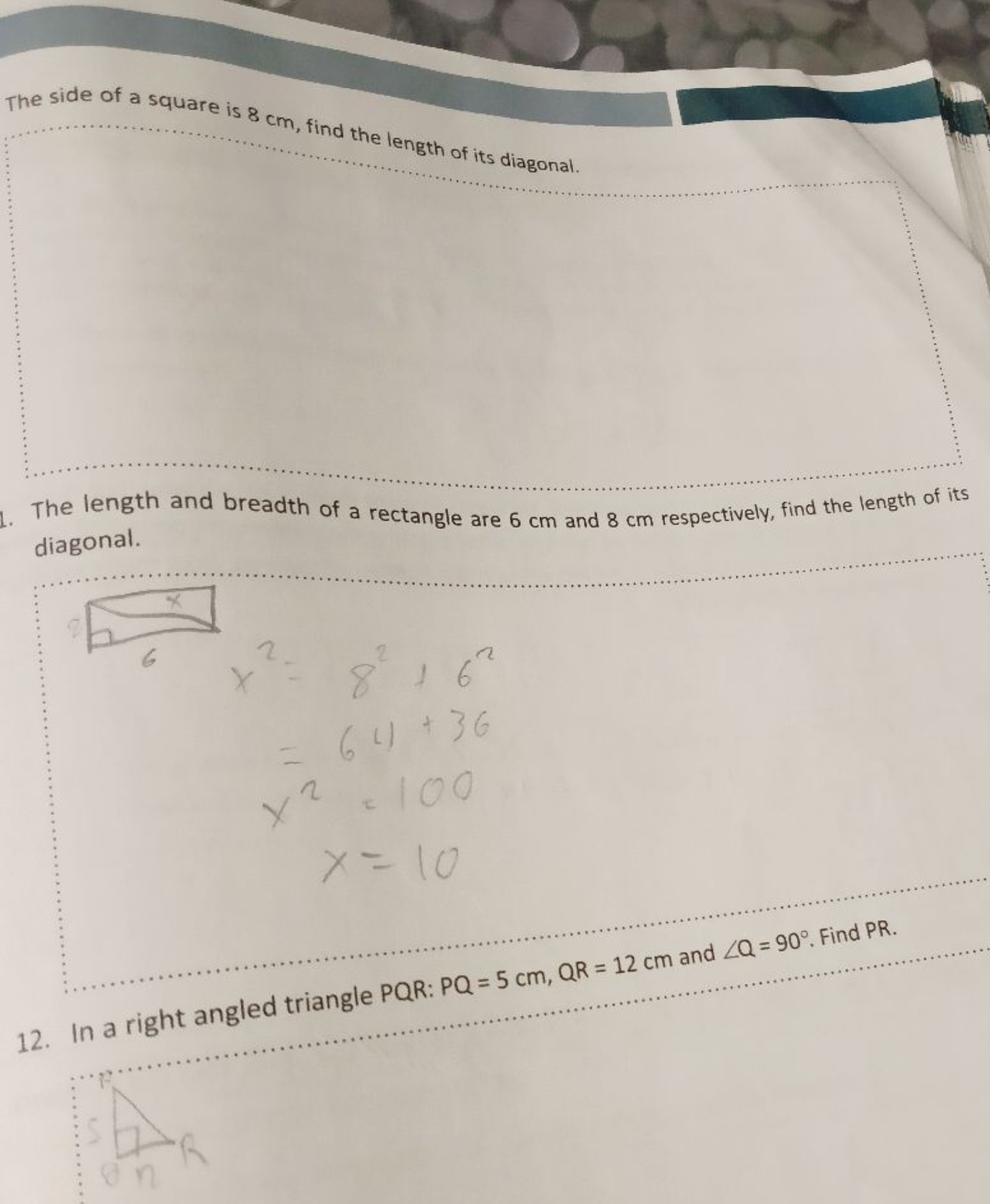 The side of a square is 8 cm , find the length of its diagonal.

The l