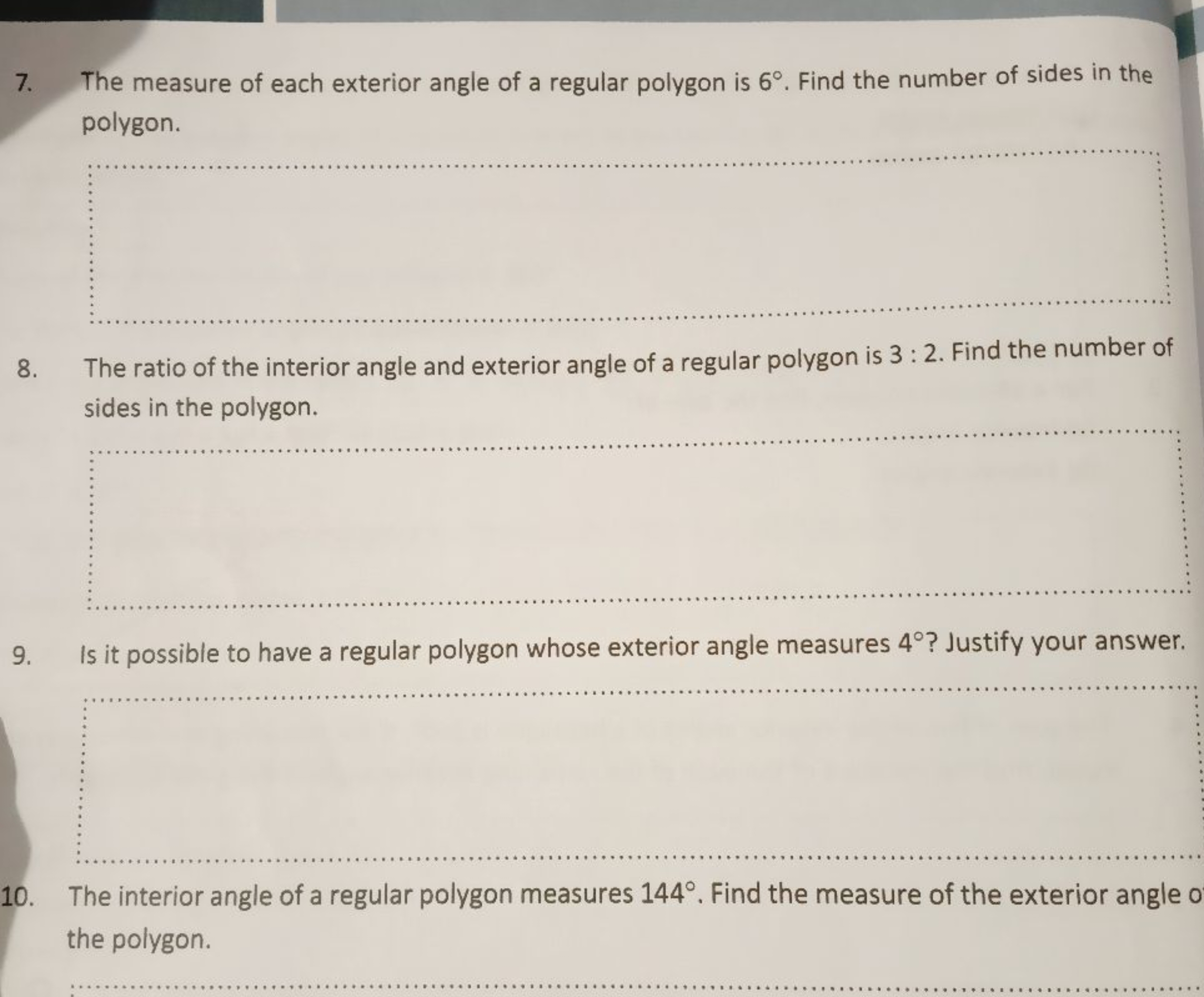 7. The measure of each exterior angle of a regular polygon is 6∘. Find