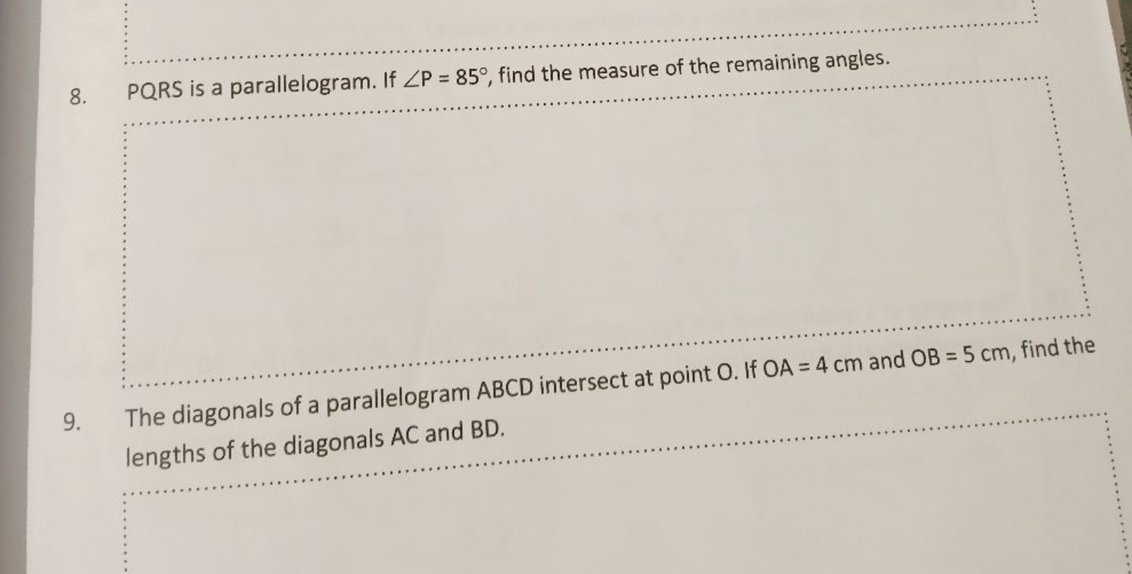 8. PQRS is a parallelogram. If ∠P=85∘, find the measure of the remaini