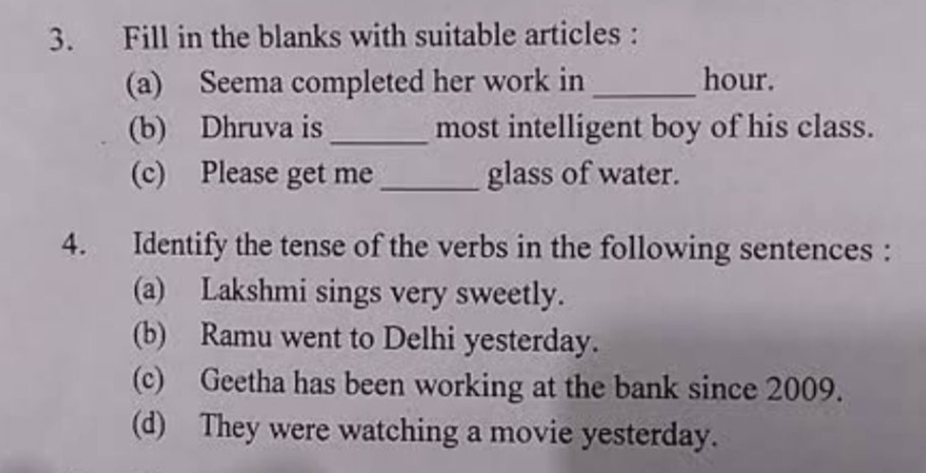 3. Fill in the blanks with suitable articles :
(a) Seema completed her