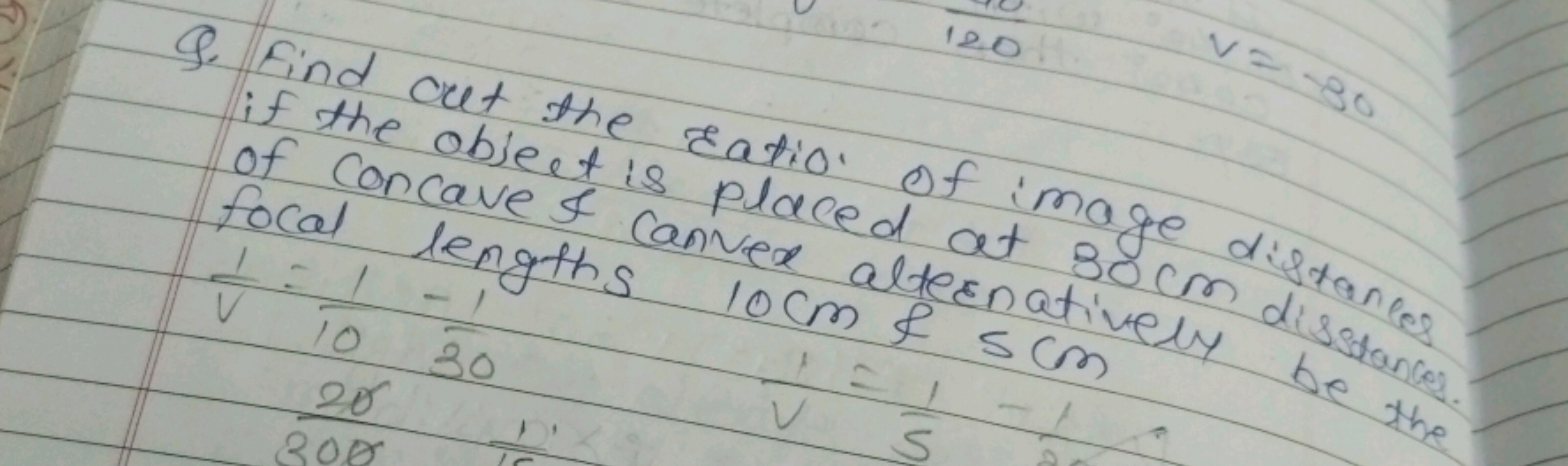 9. Find cut the ratio of image dilates if the object is placed at 80 c