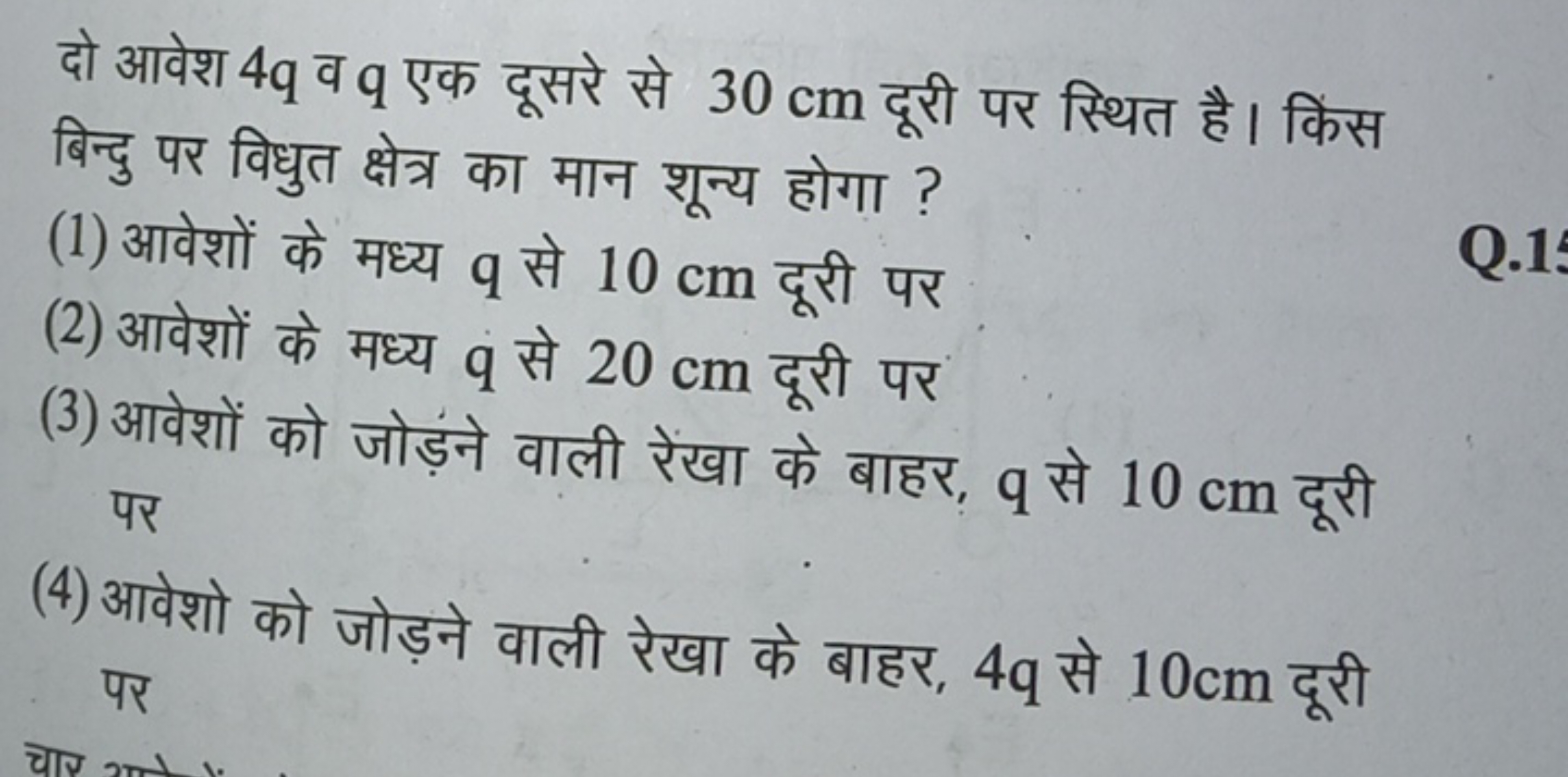 दो आवेश 4q व q एक दूसरे से 30 cm दूरी पर स्थित है। किंस बिन्दु पर विधु