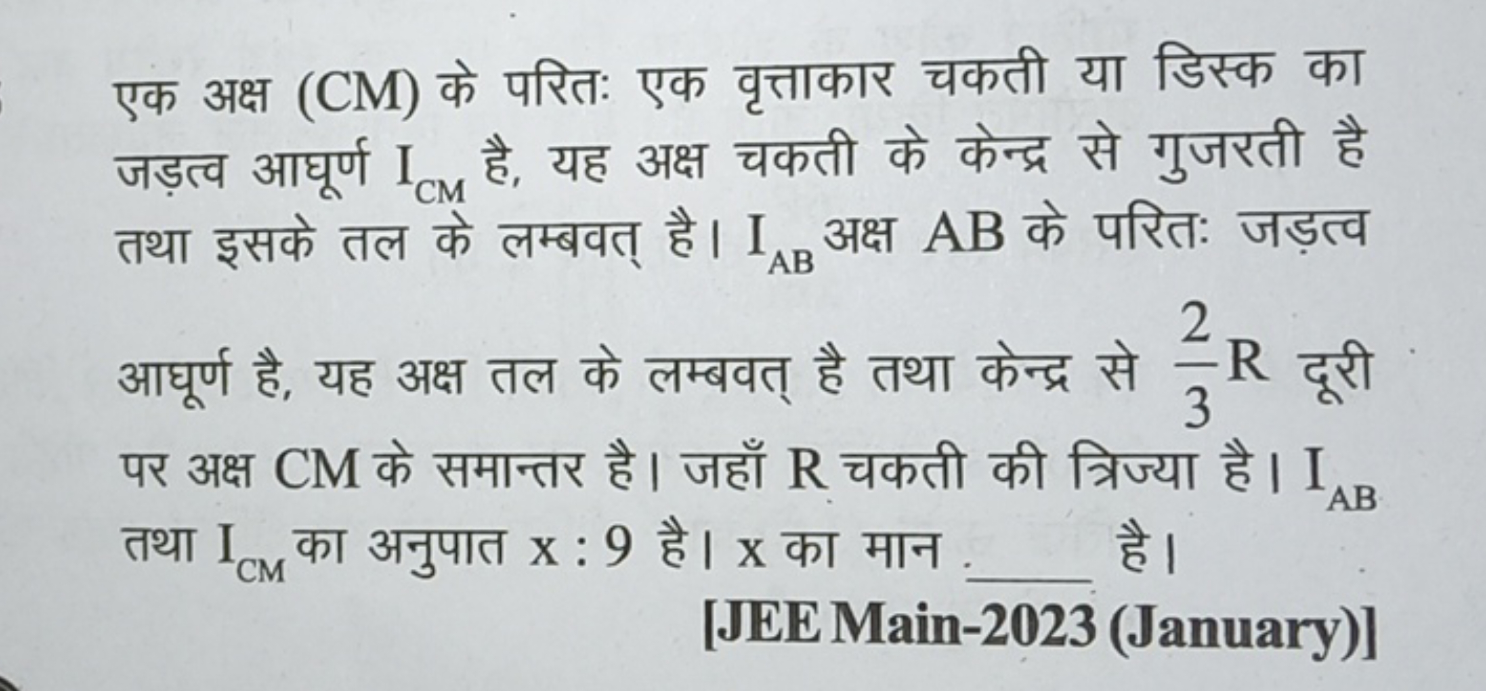 एक अक्ष (CM) के परितः एक वृत्ताकार चकती या डिस्क का जड़त्व आघूर्ण ICM​