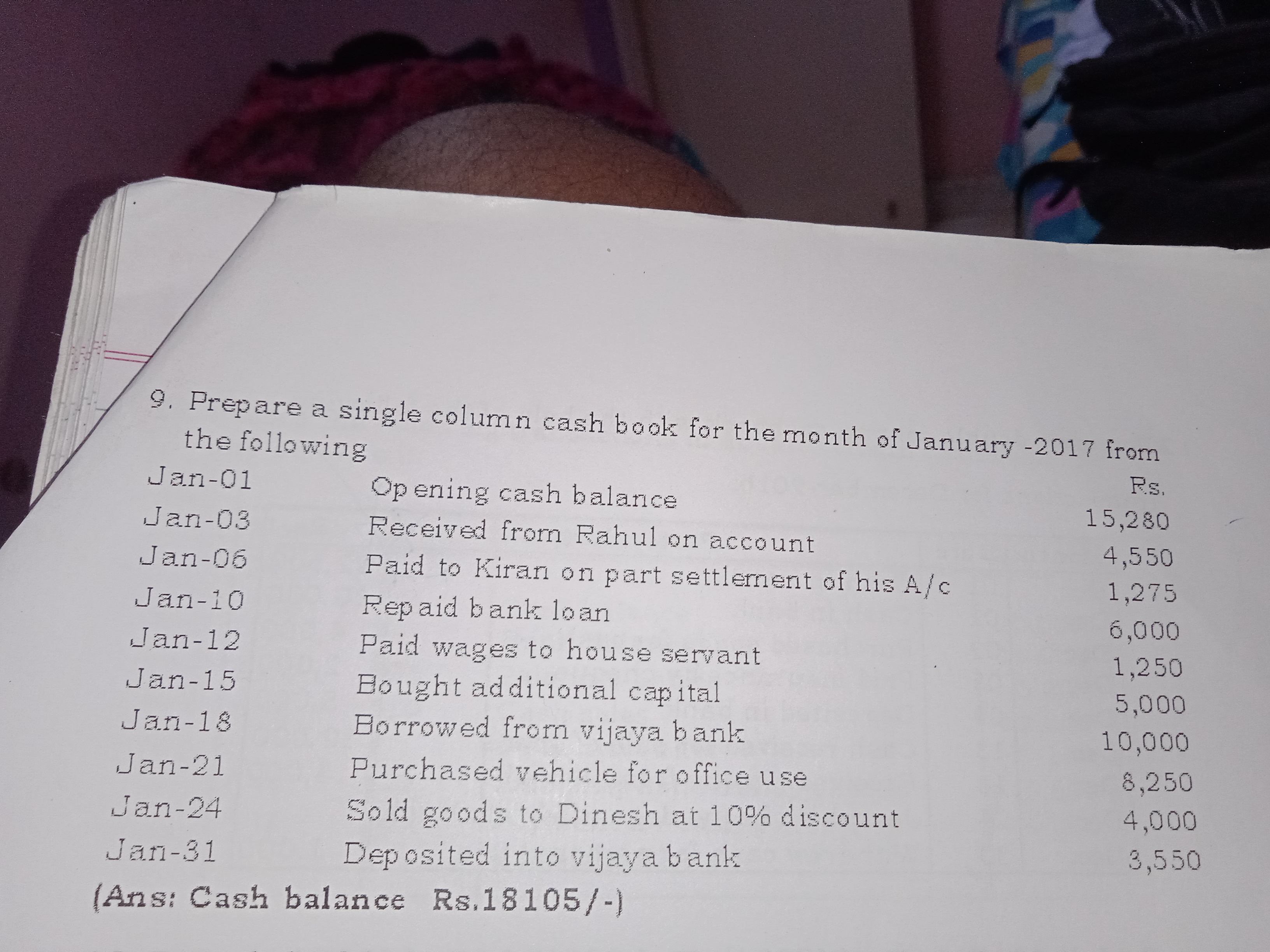 9. Prepare a single column cash book for the month of January - 2017 f