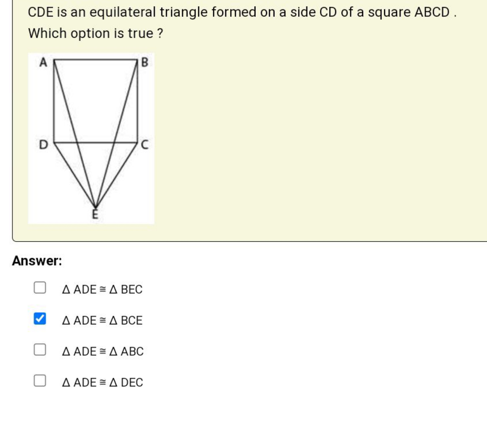 CDE is an equilateral triangle formed on a side CD of a square ABCD. W