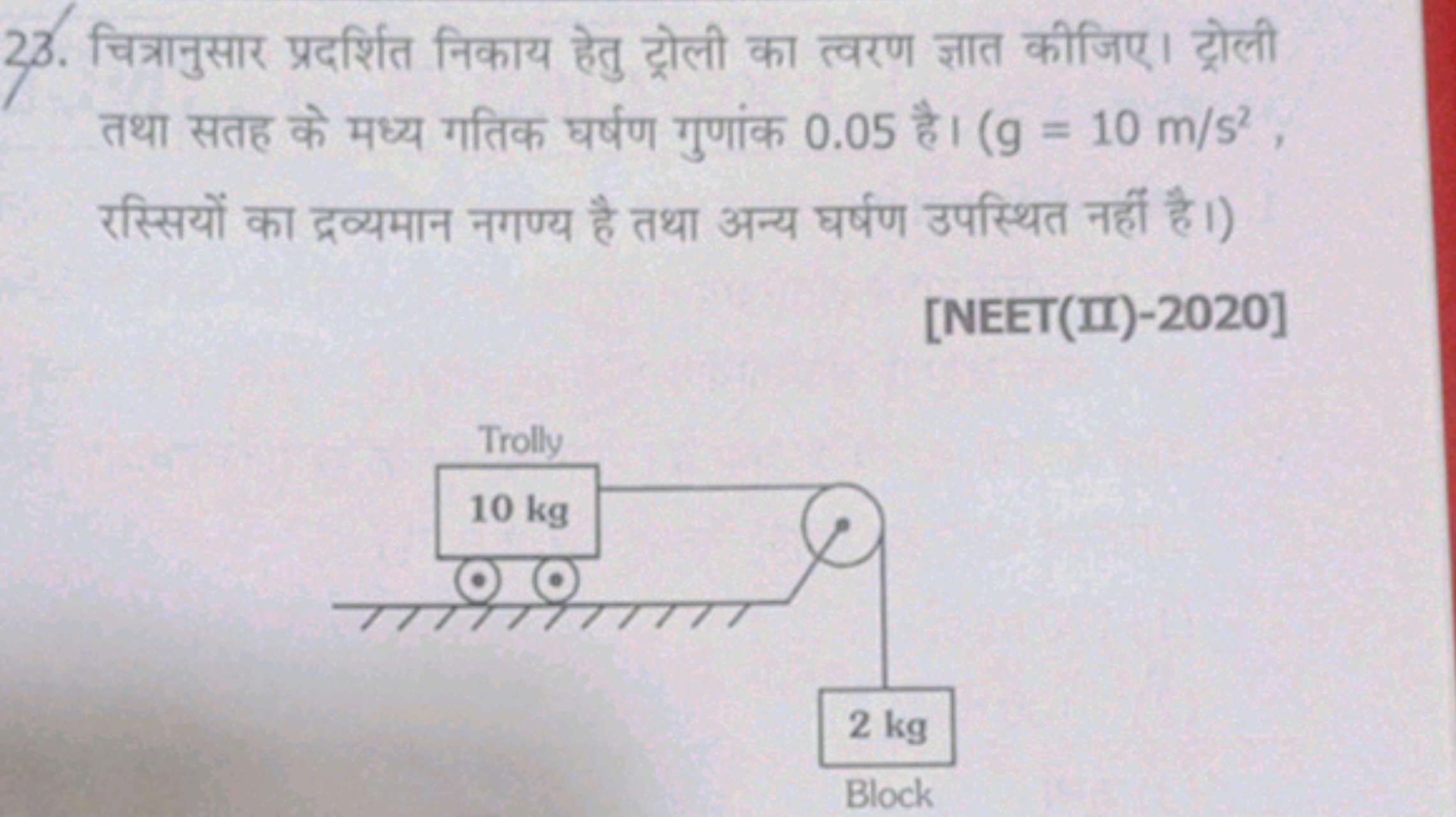 23. चित्रानुसार प्रदर्शित निकाय हेतु ट्रोली का त्वरण ज्ञात कीजिए। ट्रो