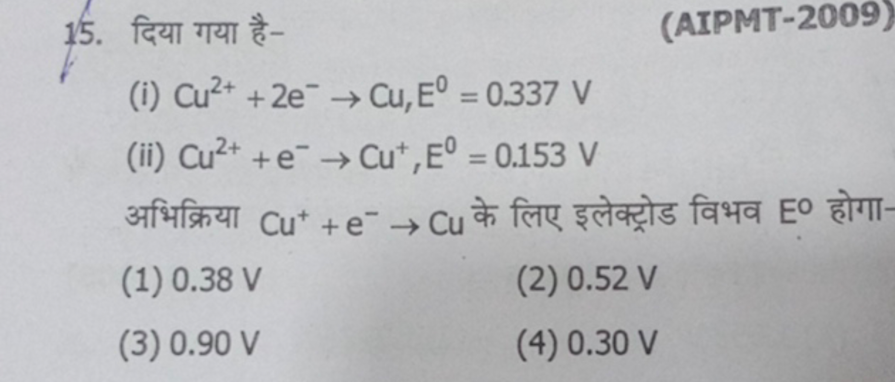 15. दिया गया है-
(AIPMT-2009)
(i) Cu2++2e−→Cu,E0=0.337 V
(ii) Cu2++e−→