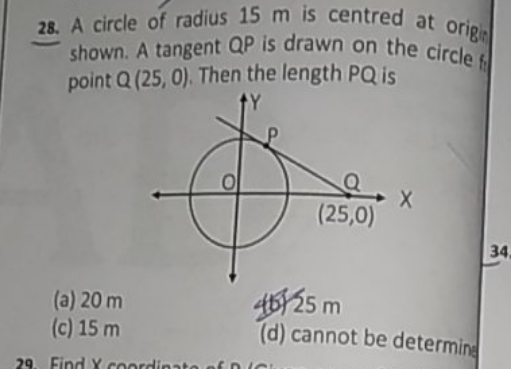 28. A circle of radius 15 m is centred at origin shown. A tangent QP i