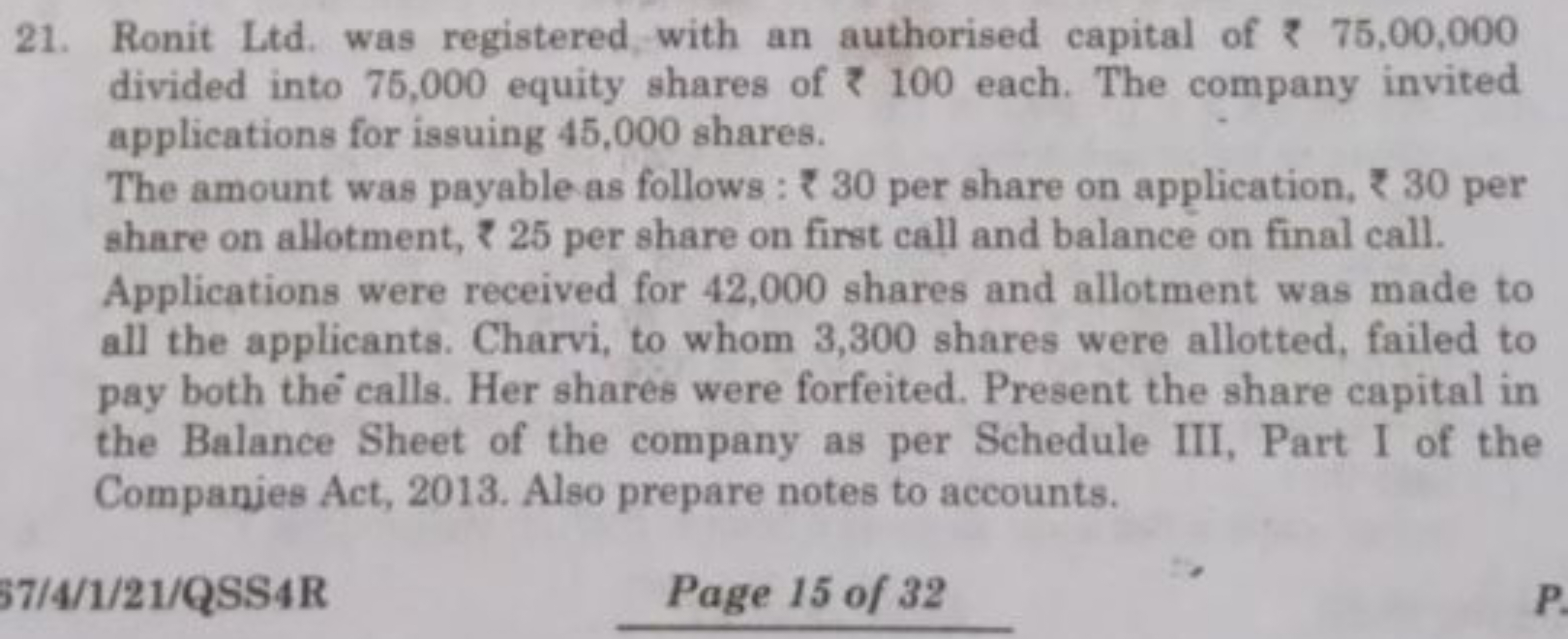 21. Ronit Ltd. was registered, with an authorised capital of ₹ 75,00,0