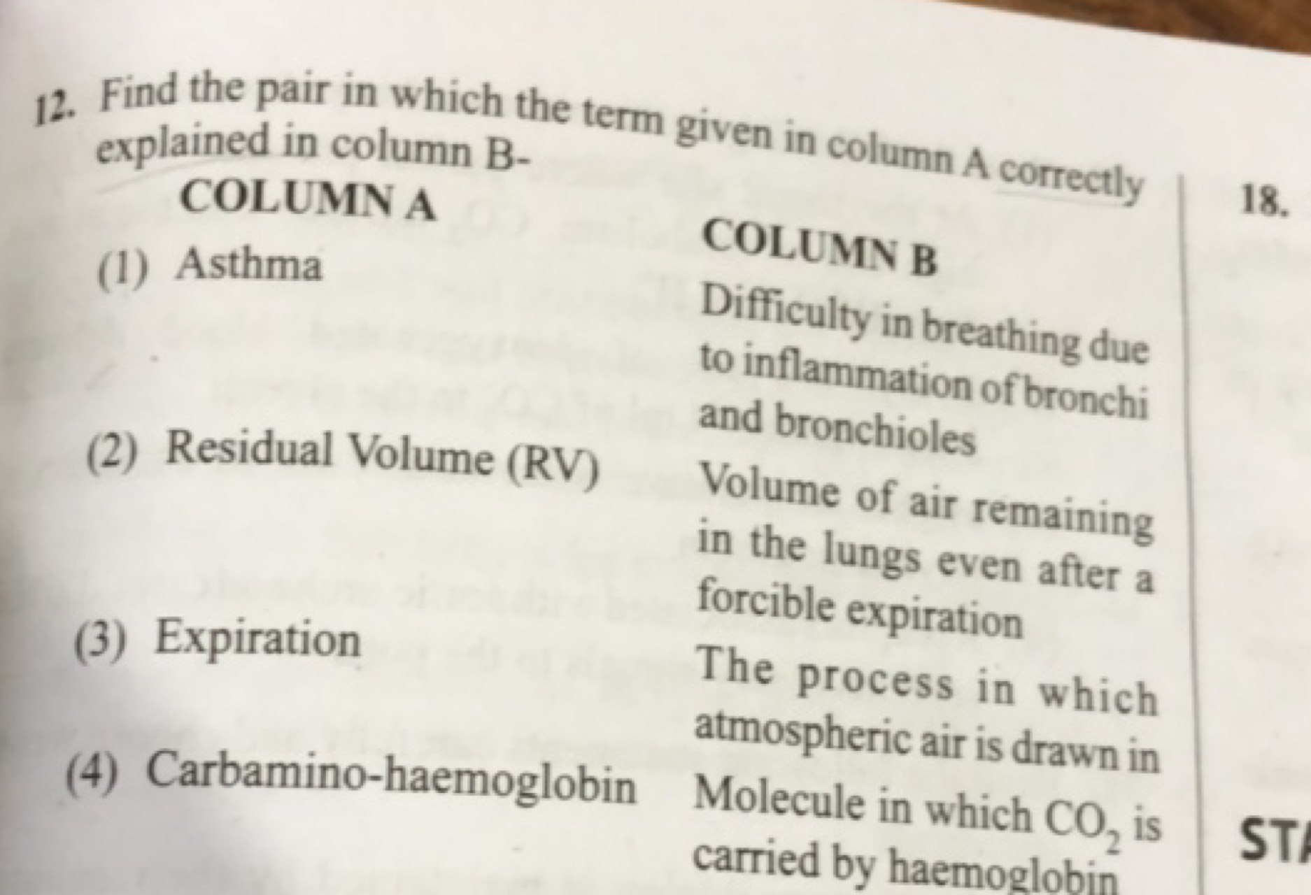 12. Find the pair in which the term given in column A correctly explai