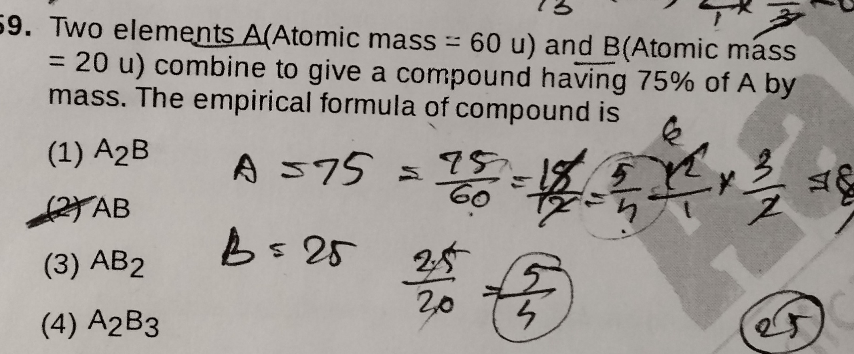 9. Two elements A (Atomic mass =60u ) and B (Atomic mass =20u ) combin