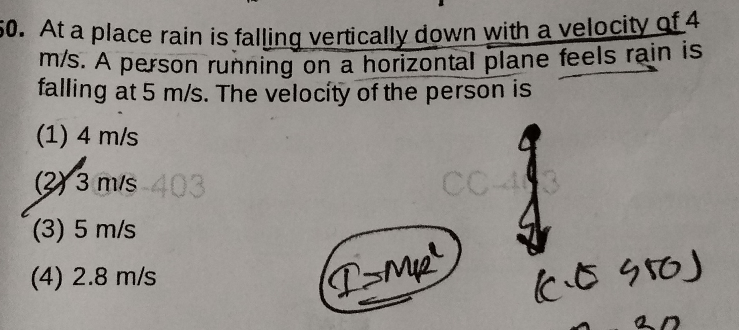 i0. At a place rain is falling vertically down with a velocity of 4 m/