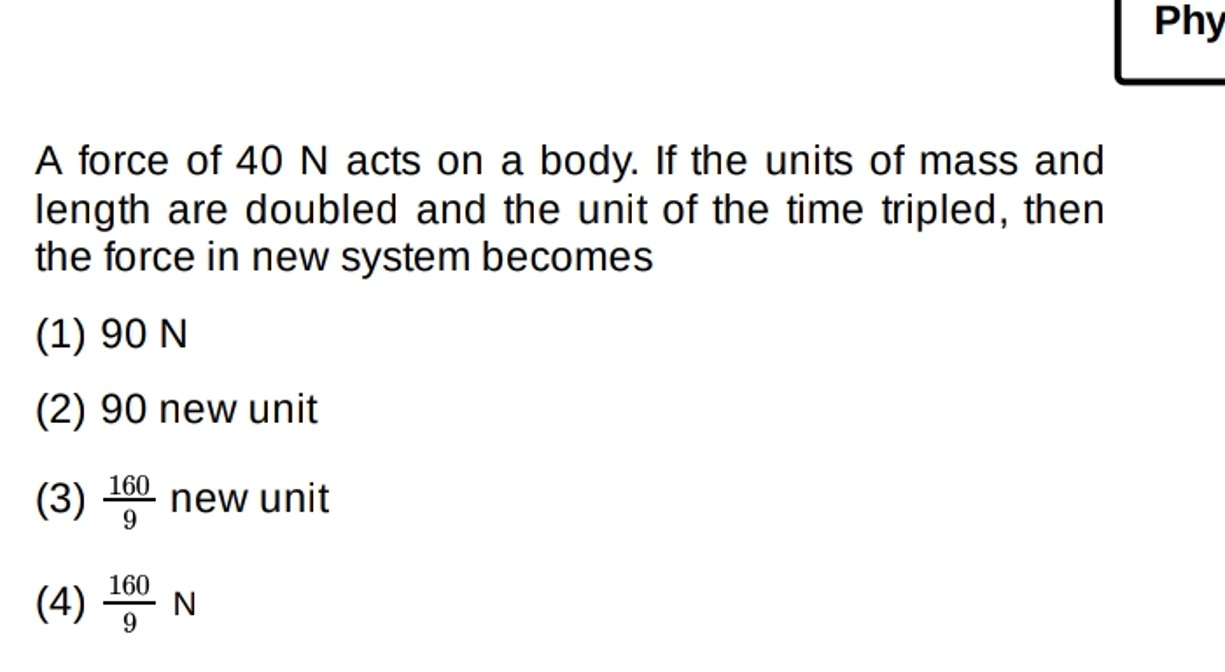 A force of 40 N acts on a body. If the units of mass and length are do