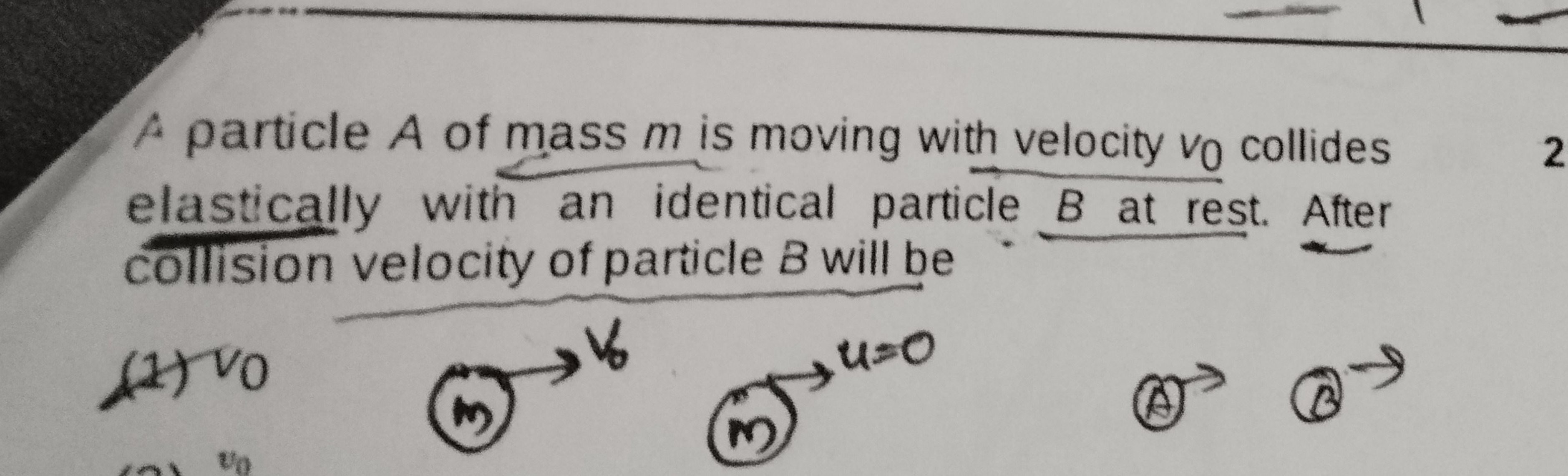 A ρ article A of mass m is moving with velocity v0​ collides elastical