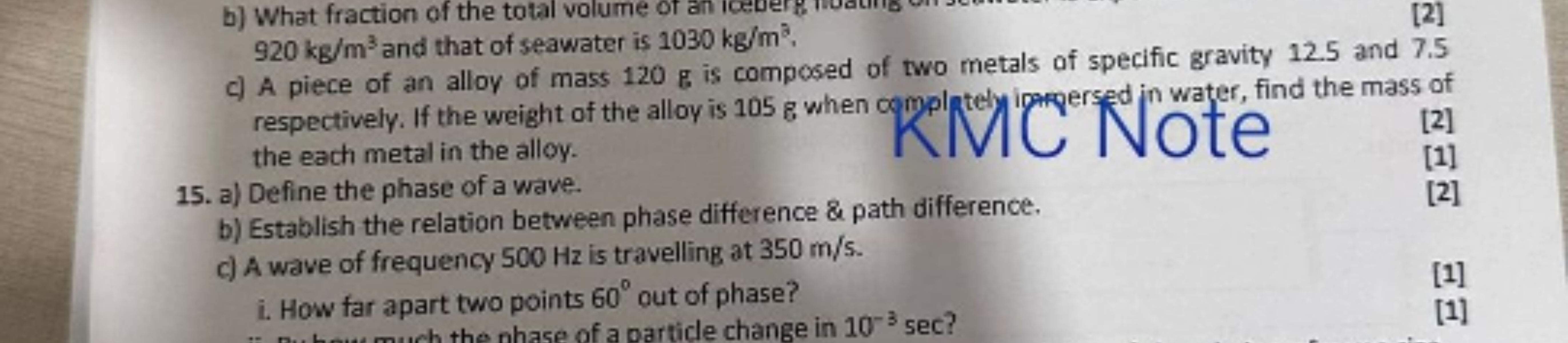 920 kg/m3 and that of seawater is 1030 kg/m3,
[2]
c) A piece of an all