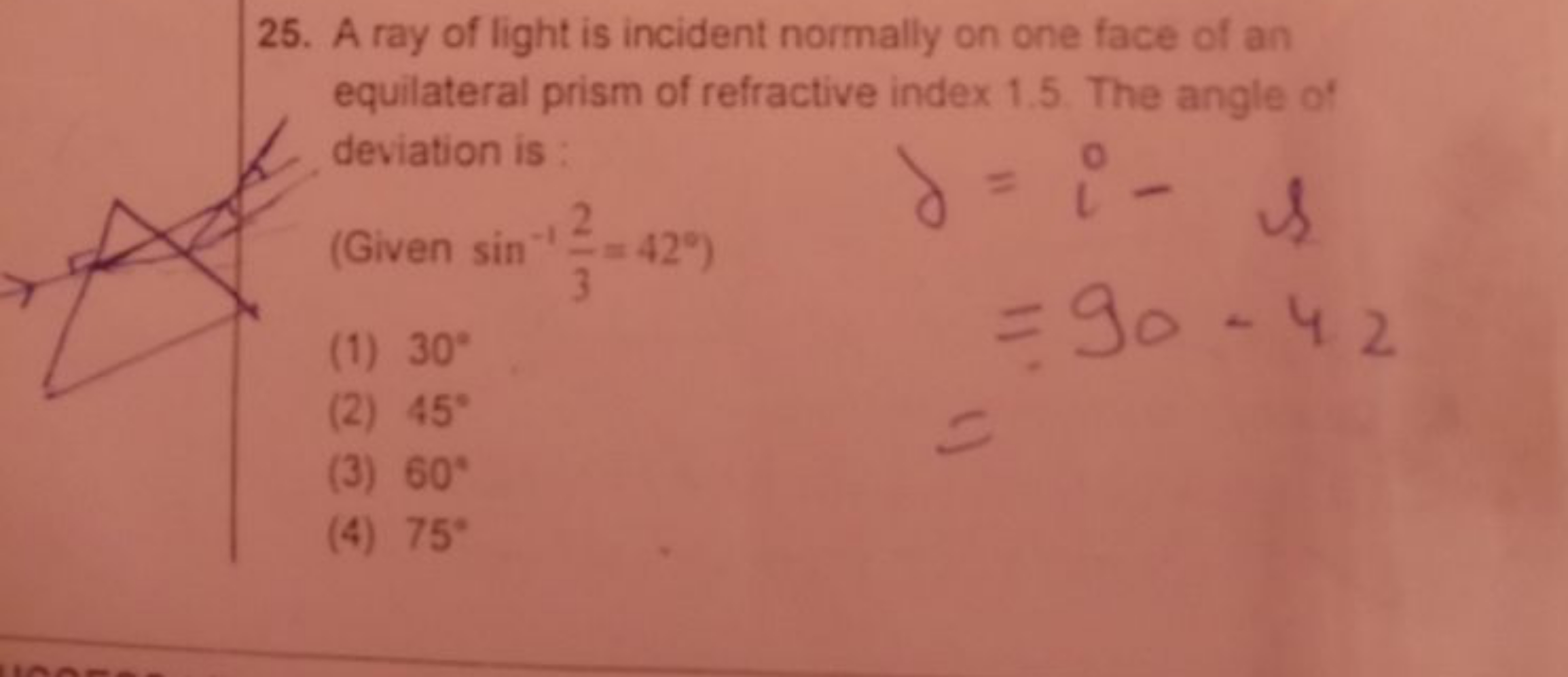 25. A ray of light is incident normally on one face of an equilateral 