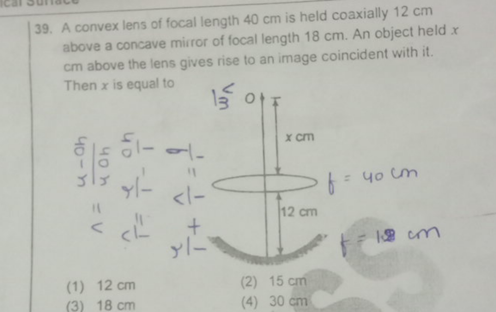 39. A convex lens of focal length 40 cm is held coaxially 12 cm above 