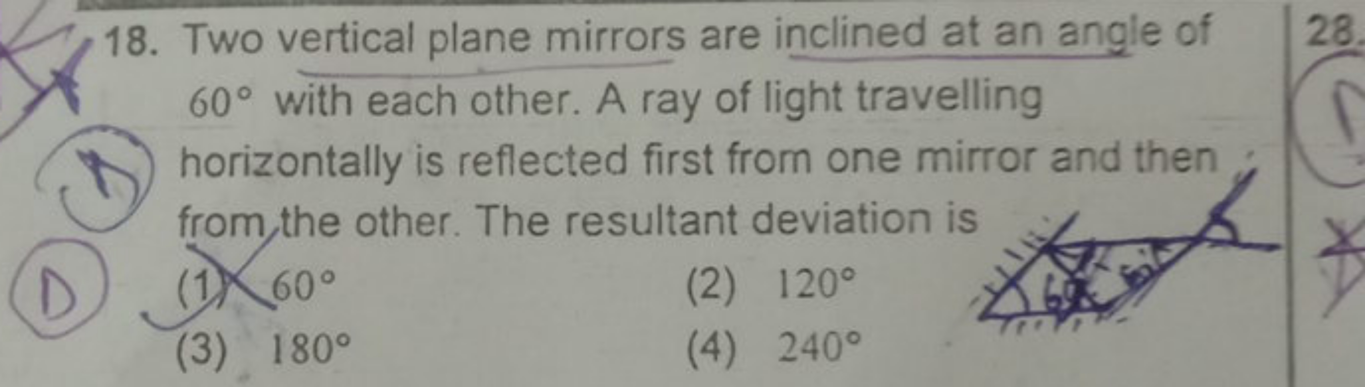 18. Two vertical plane mirrors are inclined at an angle of 60∘ with ea