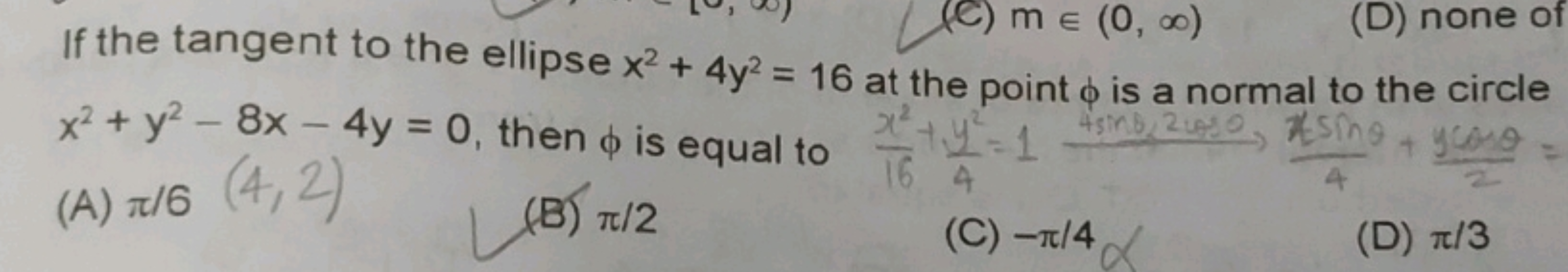 If the tangent to the ellipse x2+4y2=16 at the point ϕ is a normal to 