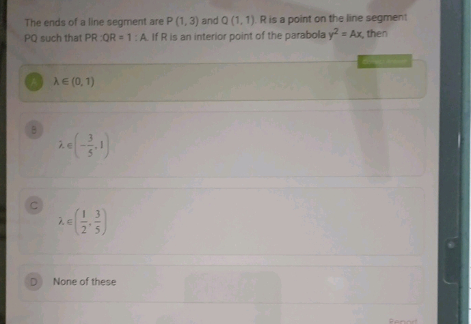 The ends of a line segment are P(1,3) and Q(1,1). R is a point on the 