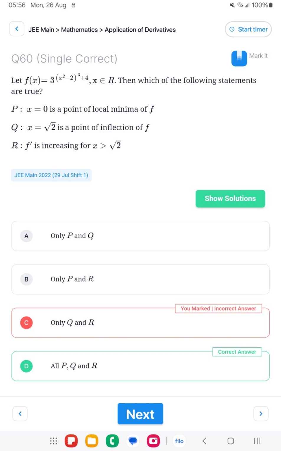 05:56 Mon, 26 Aug a
《 ริ, .ll 100%

JEE Main > Mathematics > Applicati