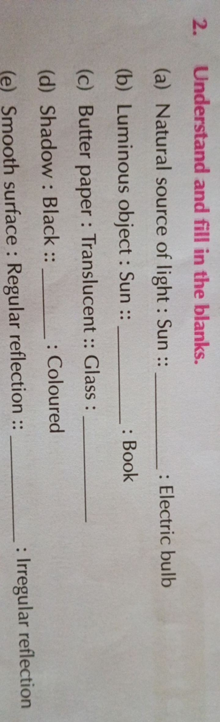 2. Understand and fill in the blanks.
(a) Natural source of light : Su