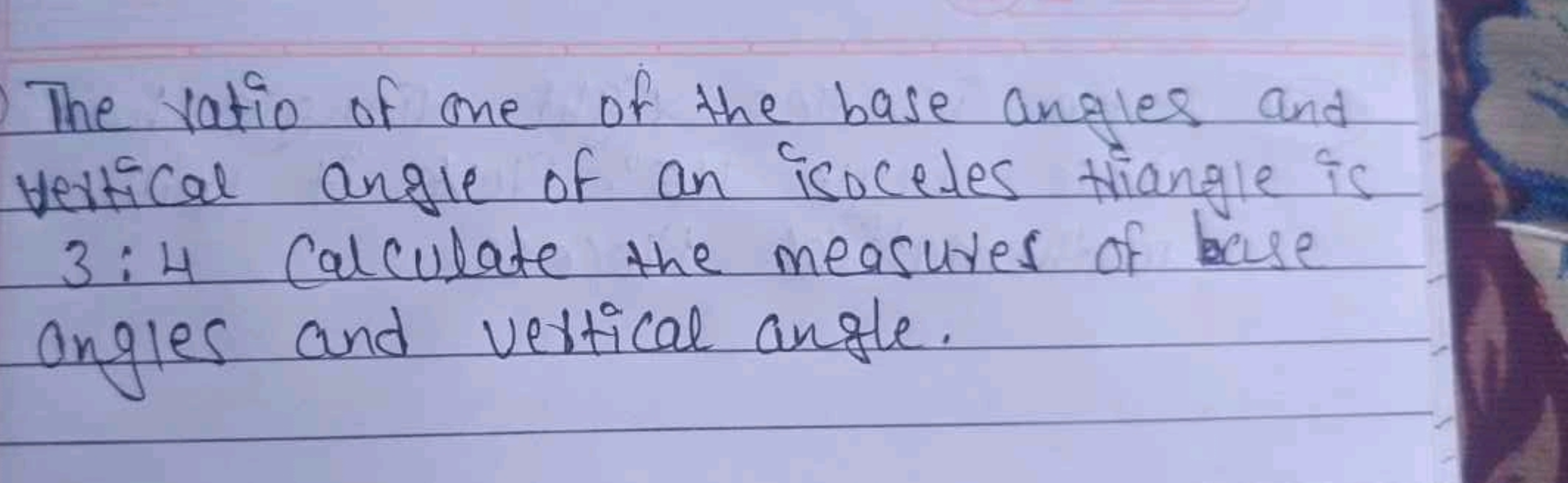 The ratio of one of the base angles and vertical angle of an icoceles 