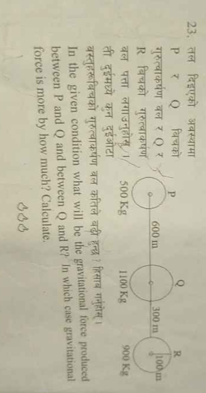 23. तल दिइएको अवस्थामा P ₹ Q विचको गुरुत्वाकर्षण वल र Q र R बिचको गुरु