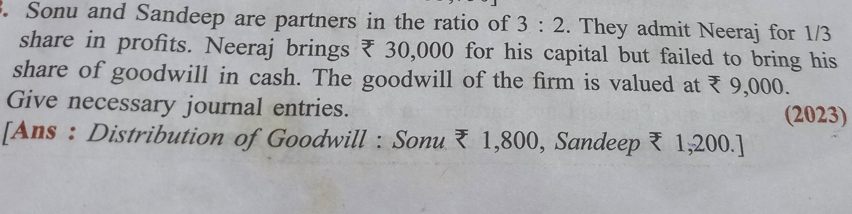 Sonu and Sandeep are partners in the ratio of 3:2. They admit Neeraj f