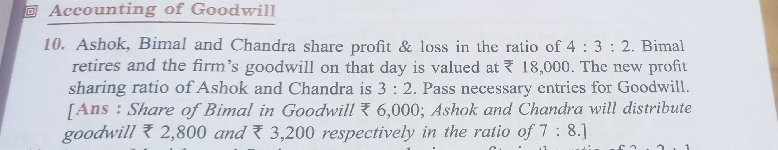 回 Accounting of Goodwill
10. Ashok, Bimal and Chandra share profit \& 