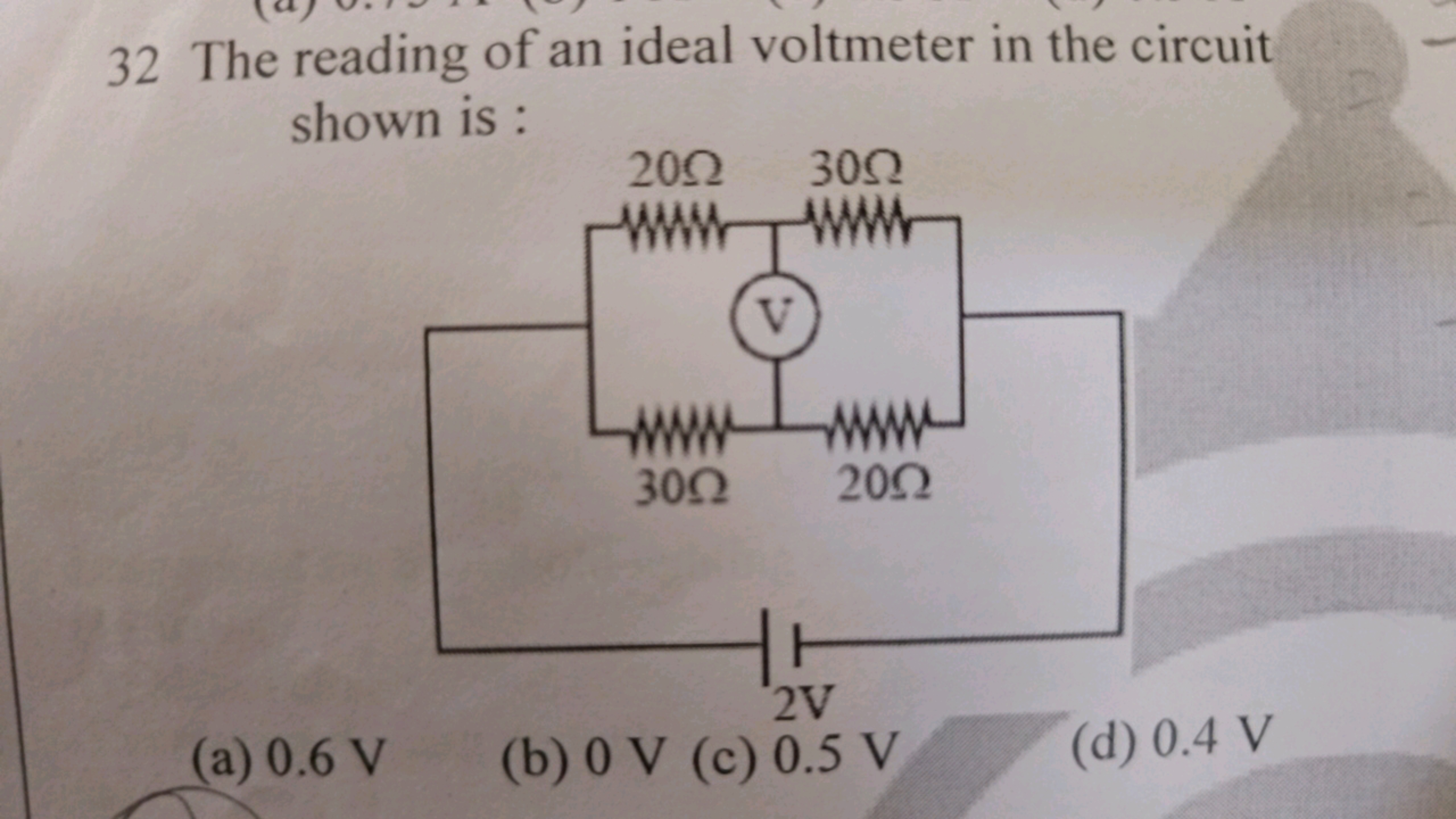 32 The reading of an ideal voltmeter in the circuit shown is :
(a) 0.6