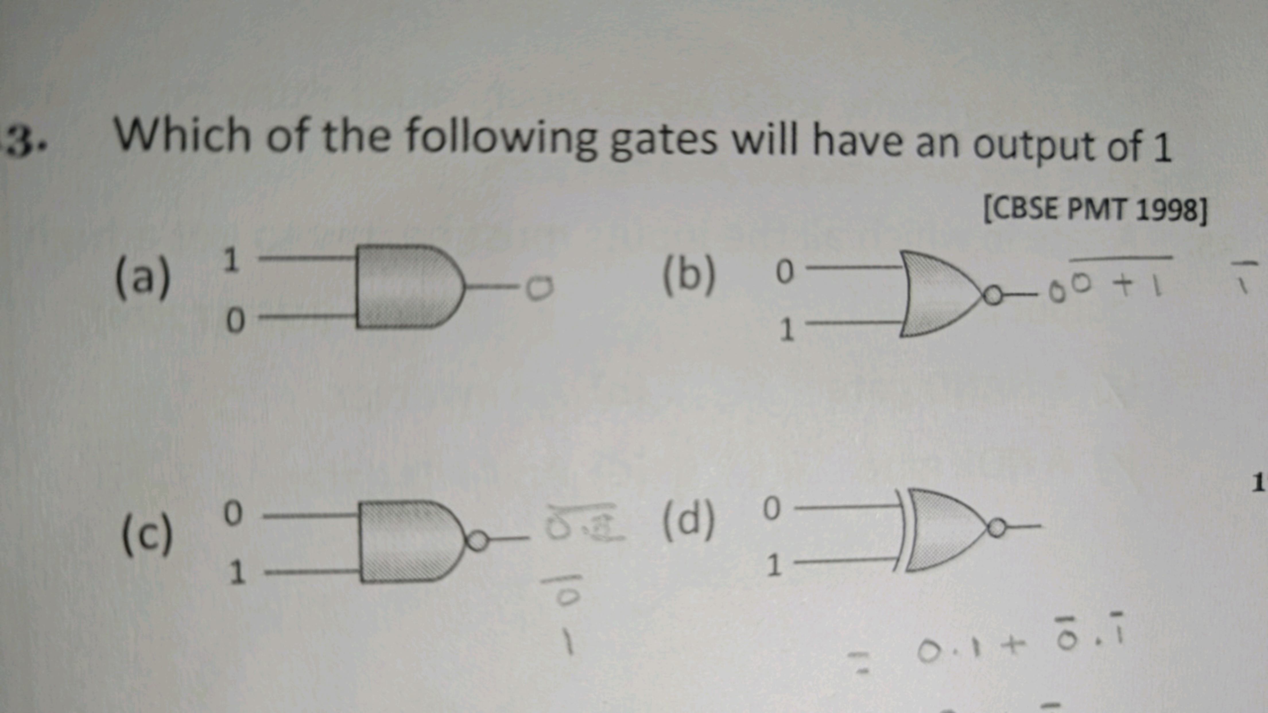 3. Which of the following gates will have an output of 1
[CBSE PMT 199