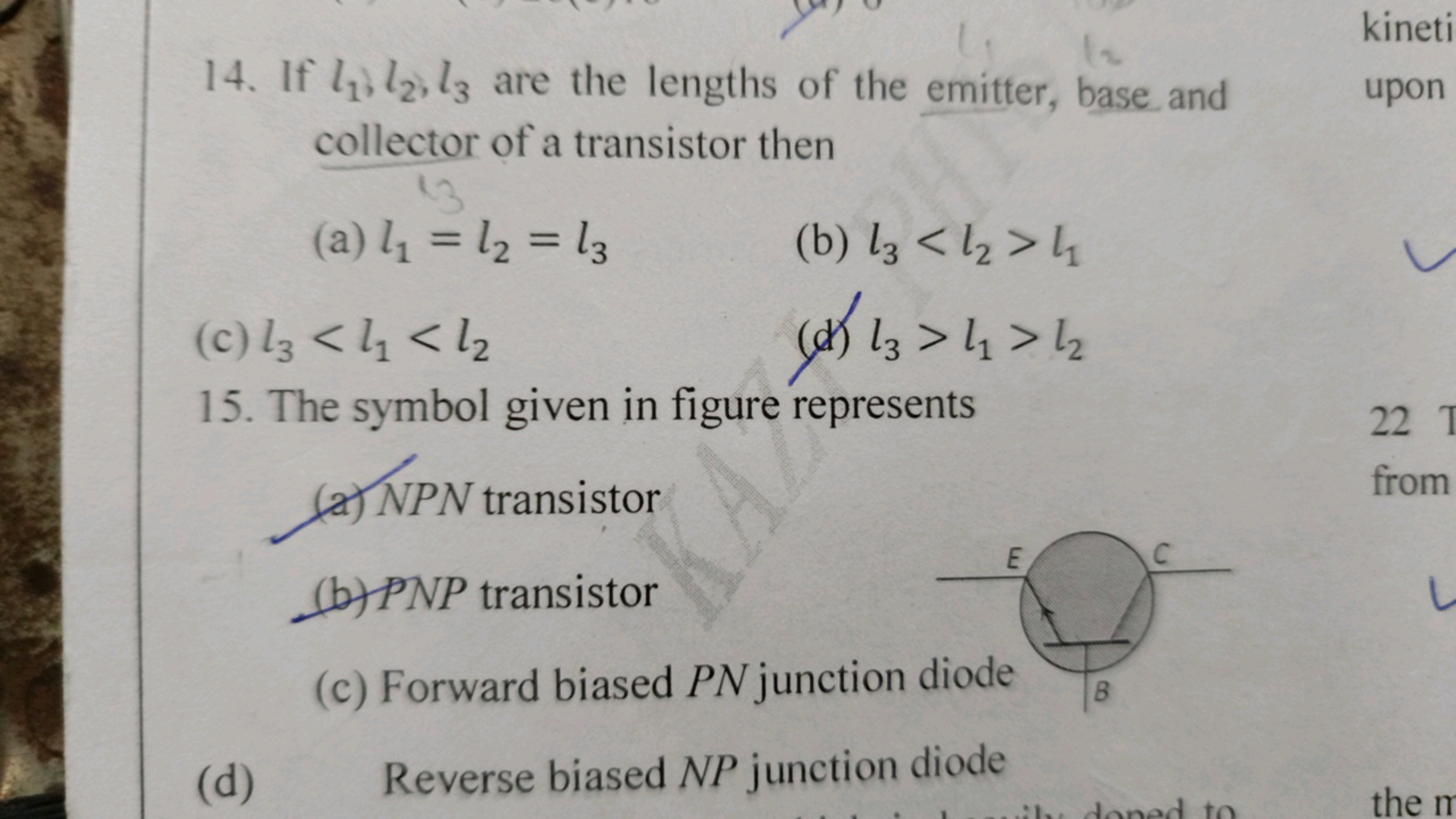 14. If l1​,l2​,l3​ are the lengths of the emitter, base and collector 