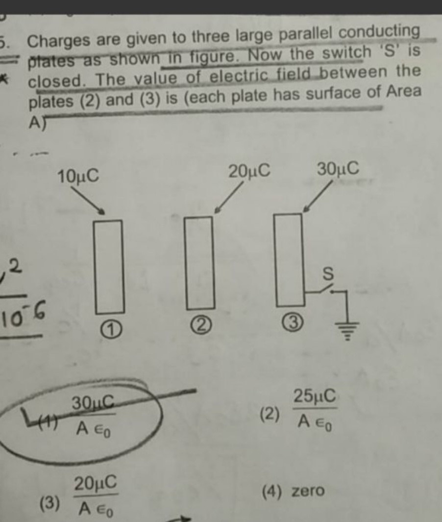 Charges are given to three large parallel conducting prates as shown i