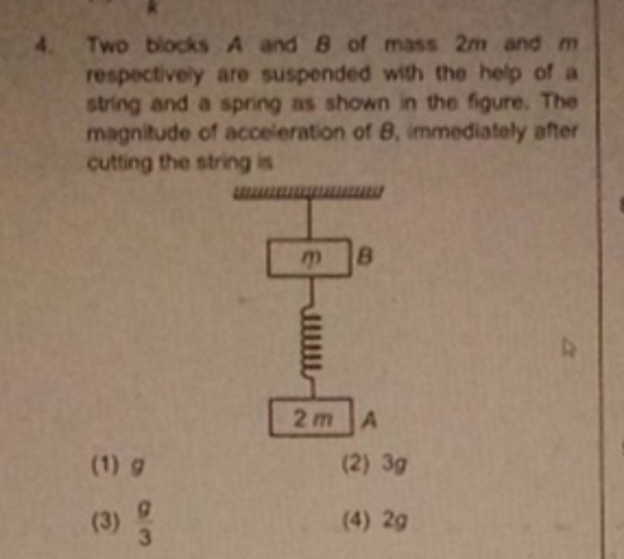 4. Two blocks A and B of mass 2m and m respectively are suspended with