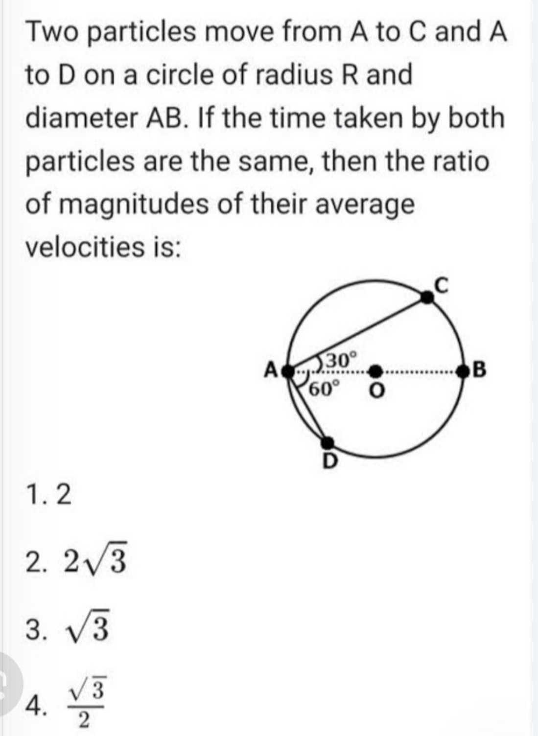 Two particles move from A to C and A to D on a circle of radius R and 